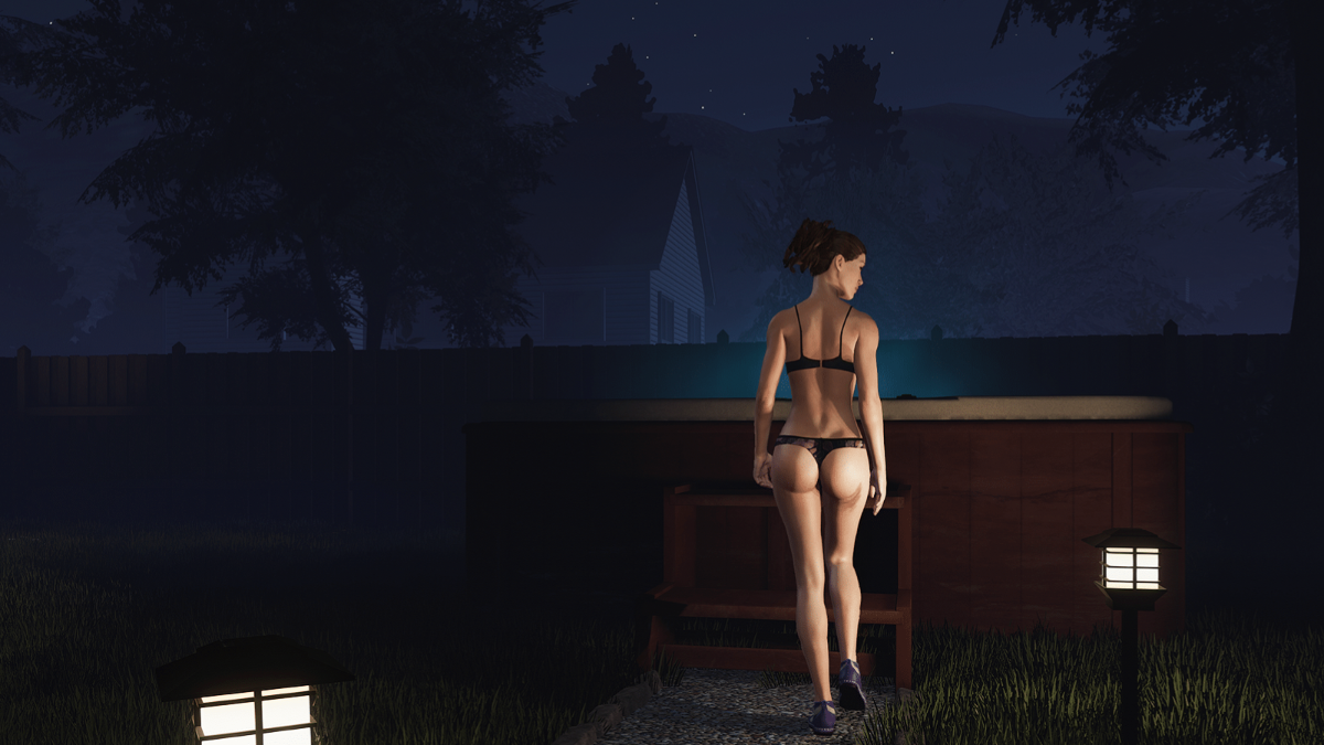 Vicky Vixen walking towards the hot tub in Eek! Games' House Party